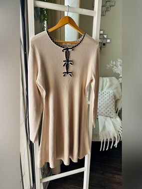 Bow-Accent Long Sleeve Knit Tunic - Cream XL